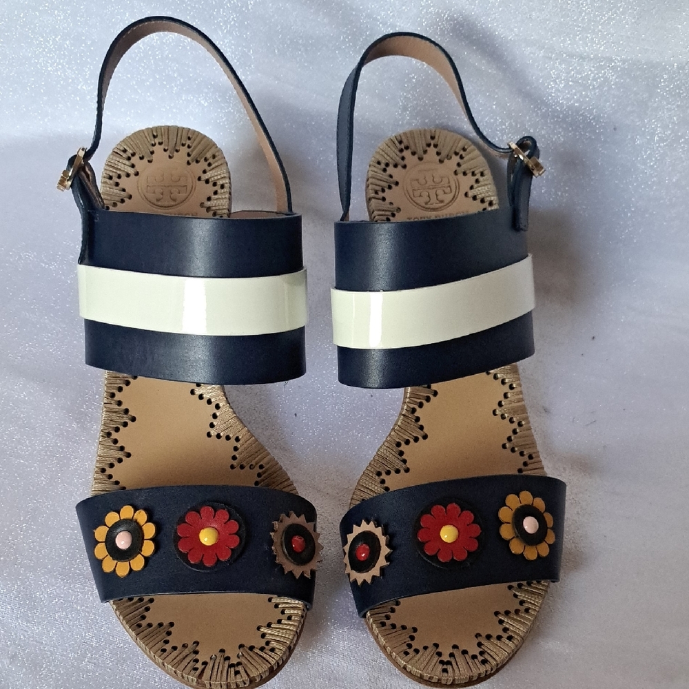 Tory Burch Sandals Blue Marguerite Two Bands Shoes Flower Slingbacks